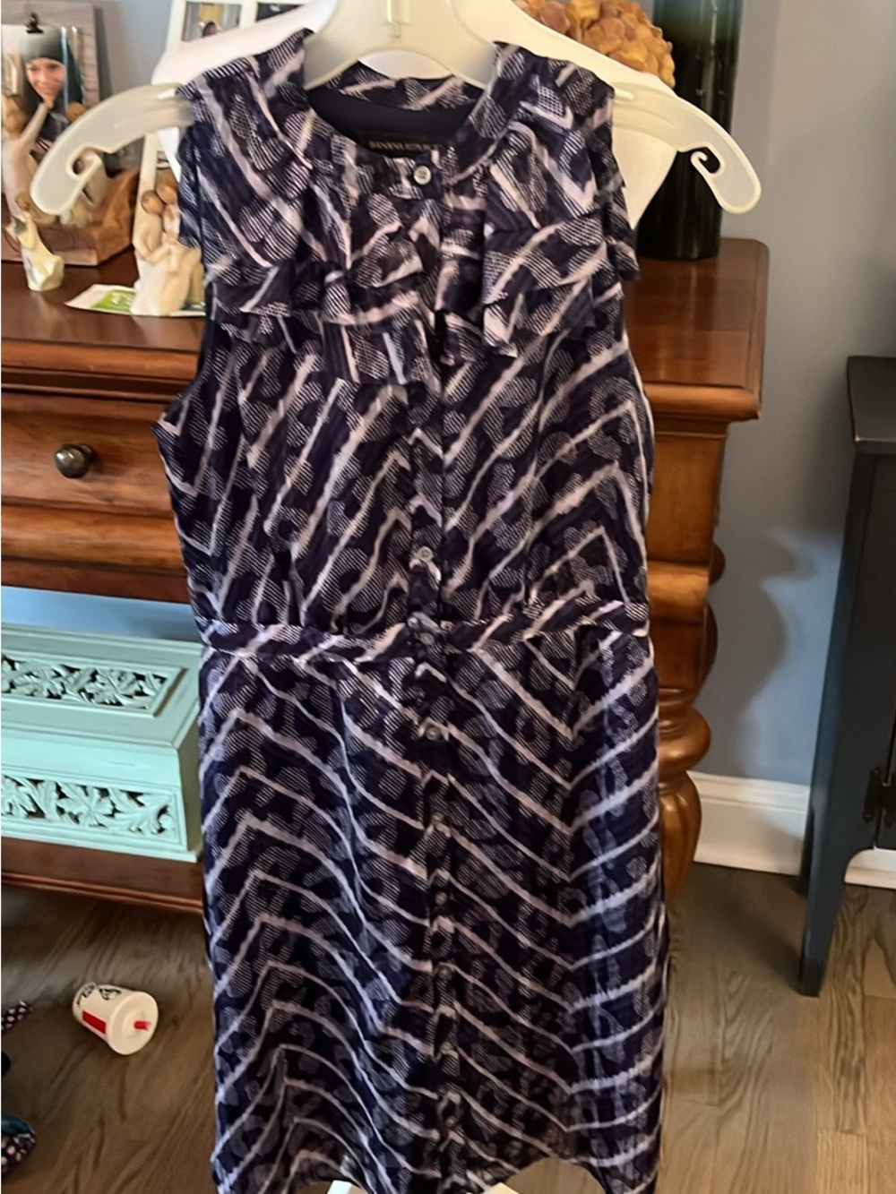 Banana Republic Navy & White Sleeveless Button-Front Midi Dress with Ruffle Yoke
